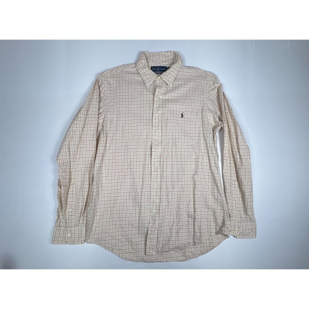 Ralph Lauren Men L Tan Brown Plaid Cotton Custom Fit Long Sleeve Button Down